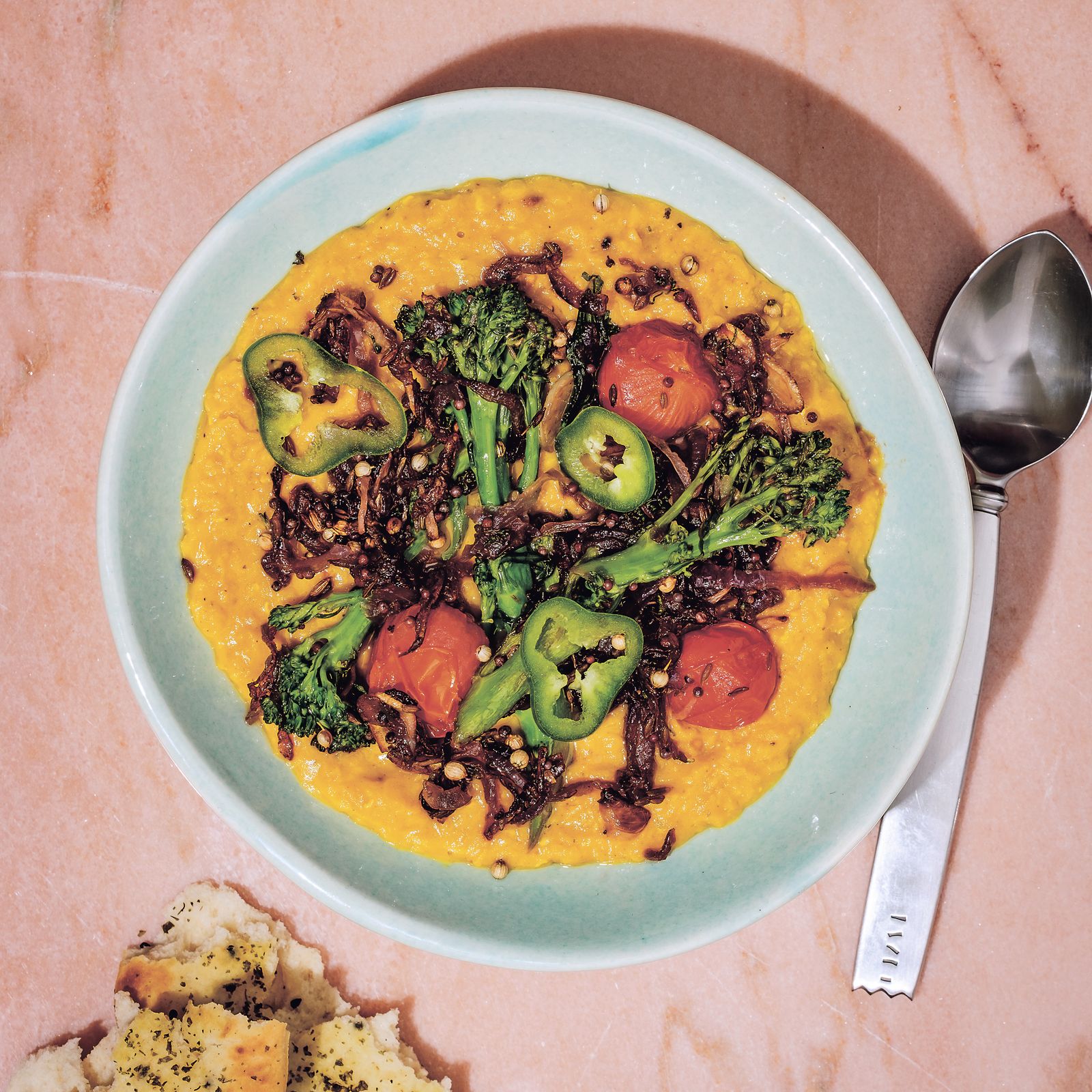 Peanut butter dal with tomato broccoli tarka